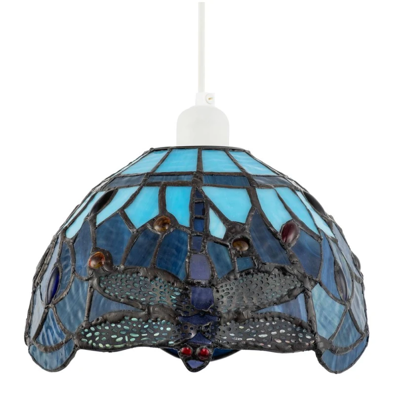 Image of Happy Homewares Midnight & Sky Blue Stained Glass Dragonfly Tiffany Pendant Shade Blue Unisex