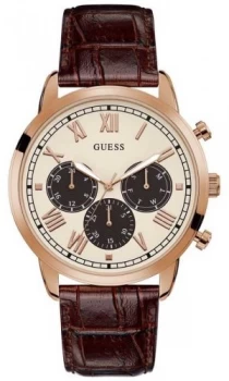 Image of Guess Mens Hendrix Brown Leather Strap Beige Dial Watch