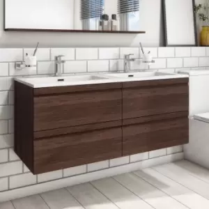 Image of 1200mm Dark Wood Effect Wall Hung Double Vanity Unit with Basin - Boston