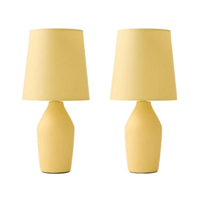 Image of ValueLights Arlo Pair of Compact Ceramic Table Lamps with Fabric Shades Yellow