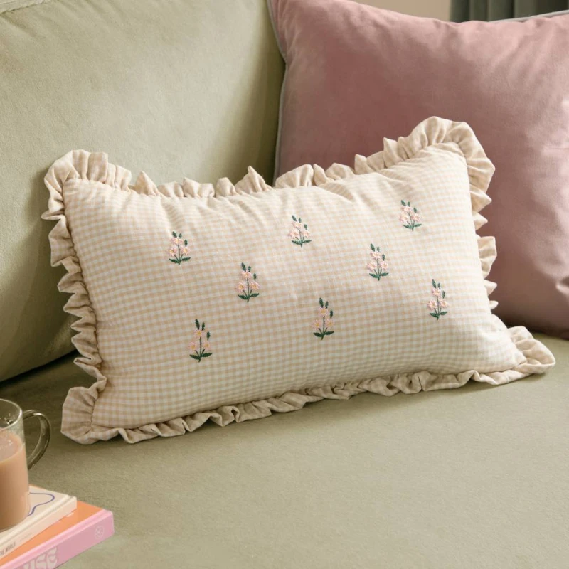 Image of Furn Les Petite Fleurs 100% Cotton Gingham Ruffle Cushion in Natural Size: 30cm x 50cm Natural Unisex 30cm x 50 cm