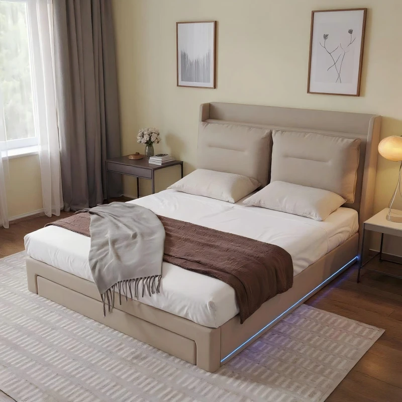 Image of Urban Meuble Upholstered Bed Frame with Storage Drawers Beige unisex One Size