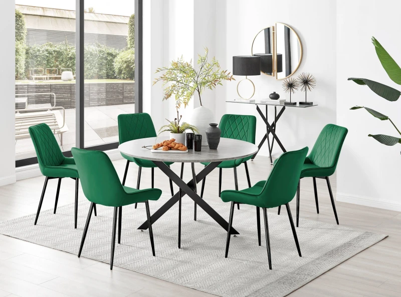 Image of FurnitureboxUK FurnitureboxUK Novara Grey Concrete Effect Black Leg 120cm Round Dining Table & 6 Pesaro Black Leg Chairs in Green Green One Size Unise