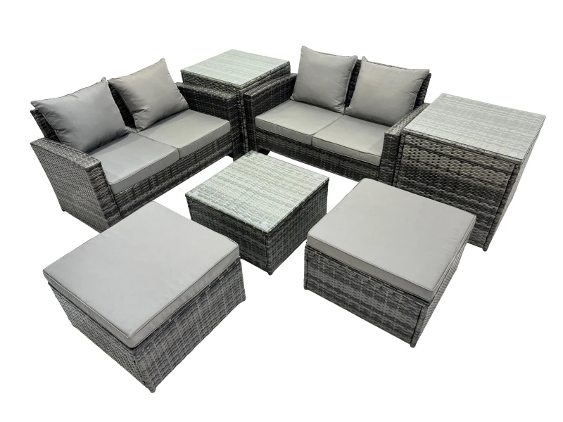 Image of Fimous Lounge Double Seat Sofa Coffee Table Set with 2 Side Tables 2 Stools in Dark Grey Dark Grey Unisex