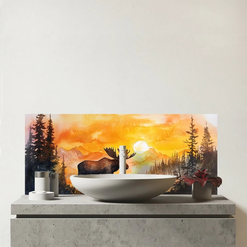 Image of Warren Reed - Designer Watercolour Moose At Sunset Glass Bathroom Splashback Multicolor Unisex