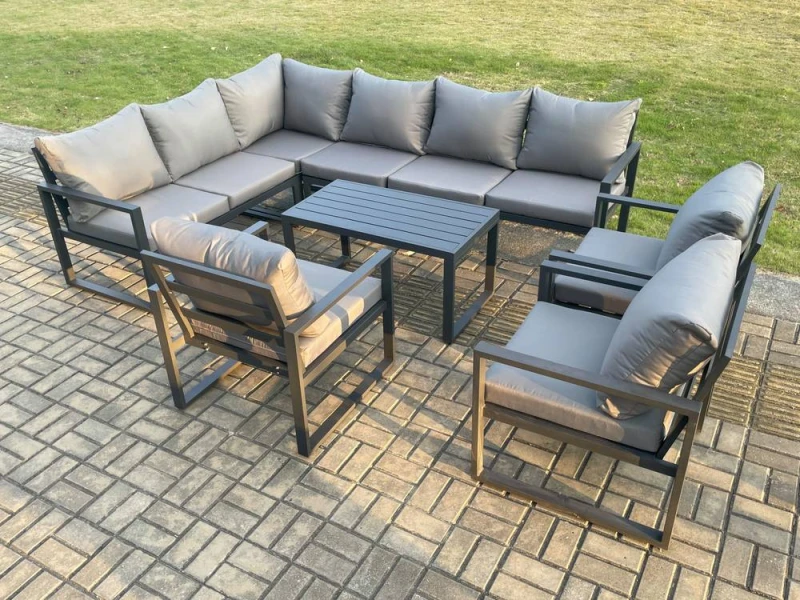 Image of Fimous Aluminium Garden Furniture Set Outdoor Indoor Lounge Corner Sofa 3 Pcs Chair Oblong Coffee Table Sets Dark Grey 9 Seater Dark Grey Unisex