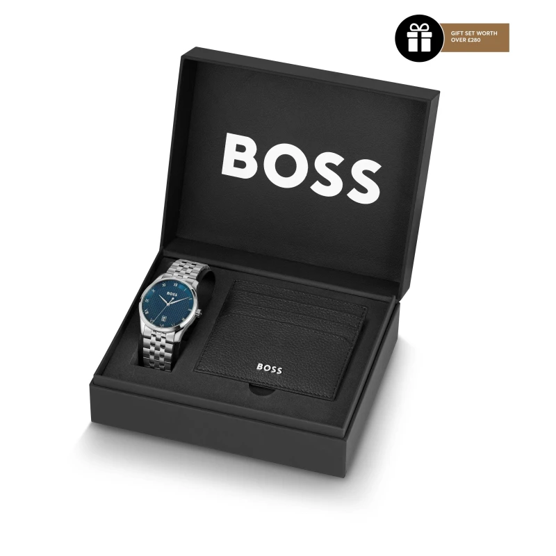 Image of Boss Master Watch with Card Holder Set Silver/Blue/Black One Size