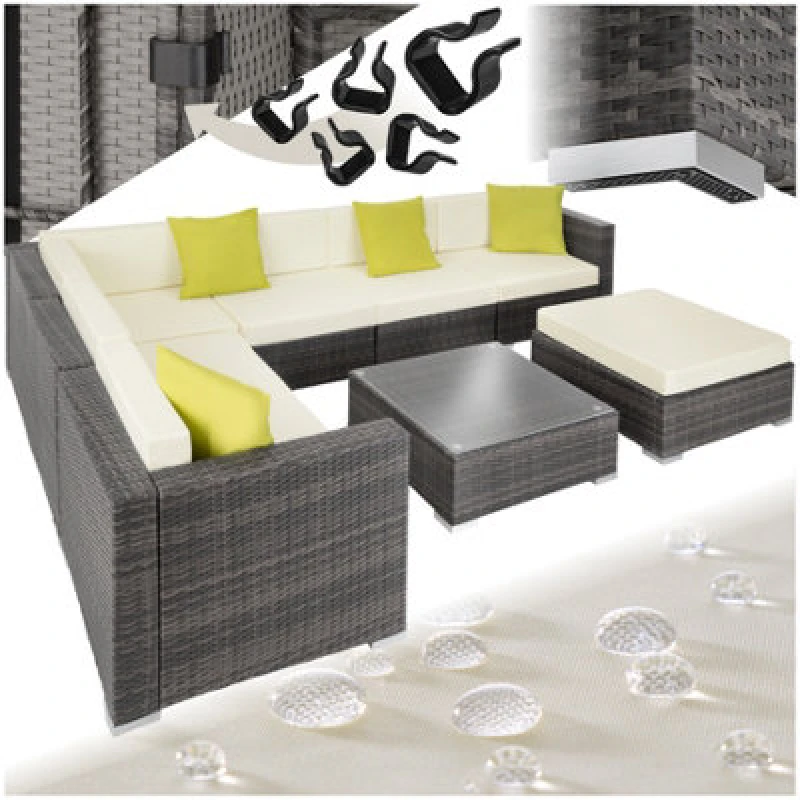 Image of Tectake Garden Furniture Set Marbella - 7 Seater Outdoor Corner Sofa, Table, Thick Cushions - Grey