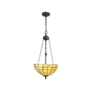 Image of 3 Light Uplighter Ceiling Pendant E27 With 40cm Tiffany Shade, Beige, Clear Crystal, Aged Antique Brass