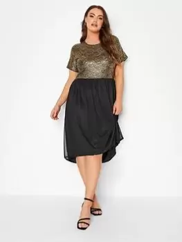 Image of Yours Top Mesh Skirt Dress - Gold, Black, Size 18, Women