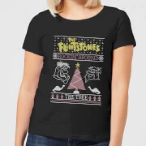 Image of Flintstones Rockin Around The Tree Womens Christmas T-Shirt - Black
