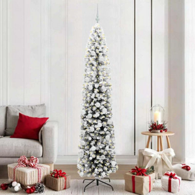 Image of vidaXL Artificial Christmas Tree with 300 LEDs, White Balls with Stand Snow Flocked Green 210 x 55 cm, Green 3395034