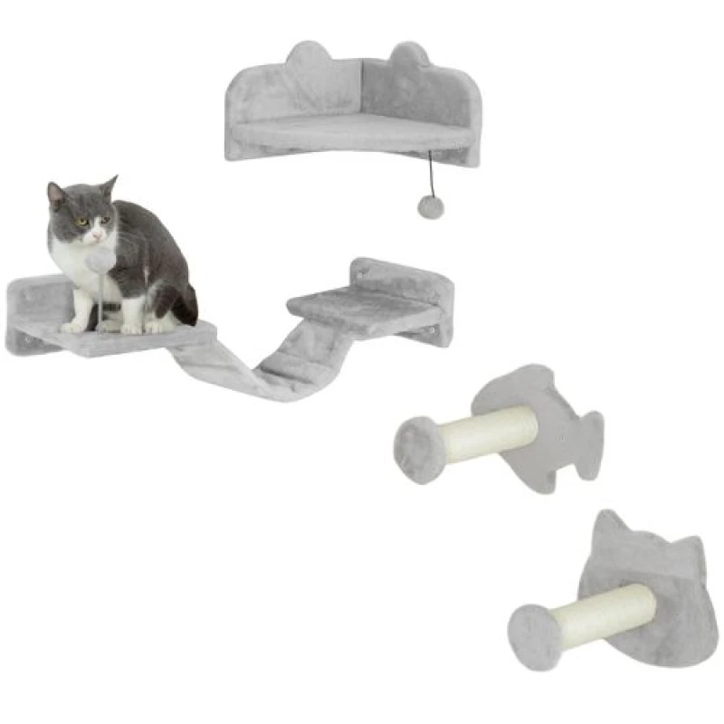Image of PawHut 4PCs Cat Wall Shelves with Steps, Ladder, Jumping Platforms Light Grey