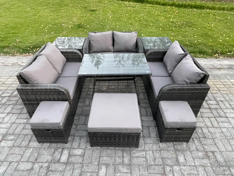 Image of Fimous Outdoor Rattan Garden Furniture Set Patio Love Sofa Set with Rectangular Dining Table 3 Footstools 2 Side Tables Dark Grey Mixed Dark Grey