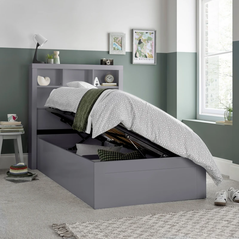 Image of Bedmaster Bedmaster Oscar Wooden Bookcase Ottoman Storage Bed And Primrose 2000 Pocket Sprung Memory Foam Mattress in Grey Size: Single Grey Single