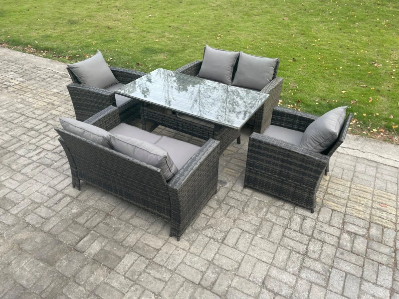 Image of Fimous Rattan Garden Furniture Set 6 Seater Patio Outdoor Lounge Sofa Set with Oblong Dining Table Double Seat Sofa Dark Grey Dark Grey Unisex