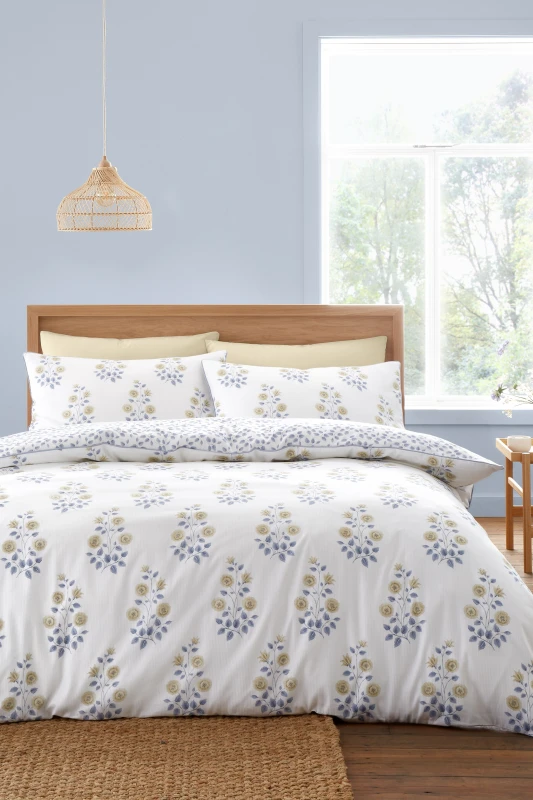 Image of Bianca 'Eloise Floral' 230 Thread Count Cotton Satin Stripe Duvet Cover Set in Blue Size: King Blue Unisex King