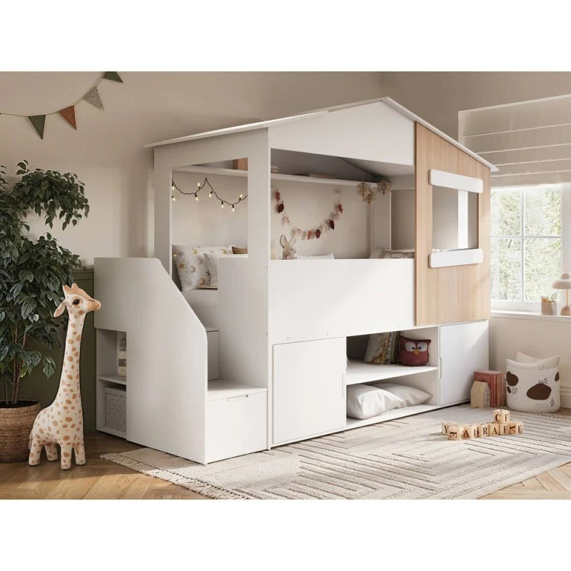 Image of Flair Dreamland House Staircase Mid Sleeper with Storage White & Oak Size: Single White Unisex Single