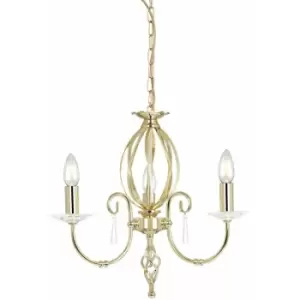Image of Loops - 3 Bulb Chandelier Cut Glass Droplets Central Curved Stem Polished Brass E14 60W