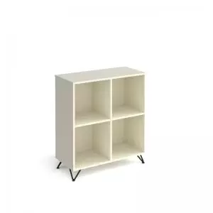 Image of Tikal cube storage unit 950mm high with 4 open boxes and Black hairpin