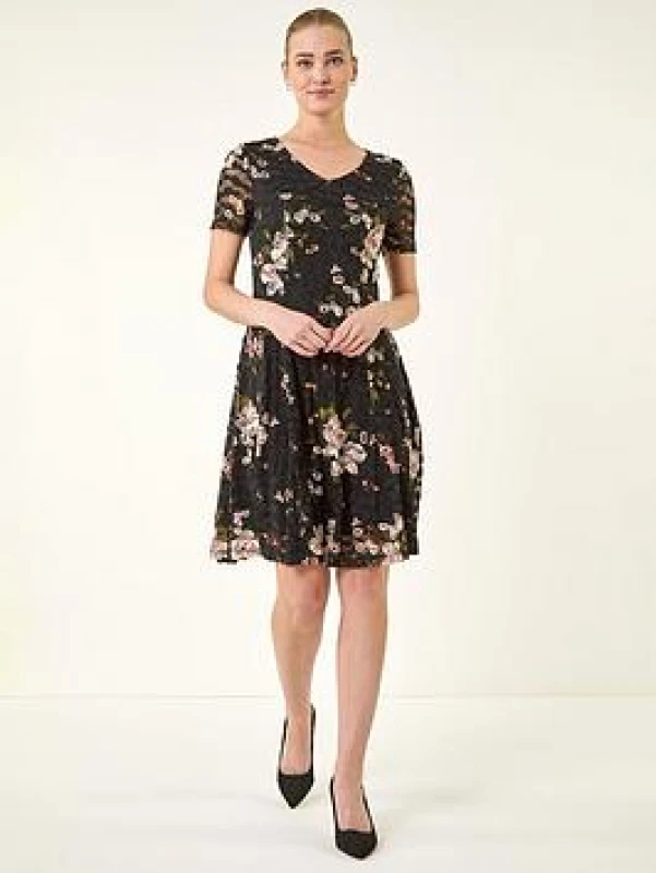 Image of Roman Womens Floral Print Lace Stretch Dress in Black Size: 16 Black Female 16