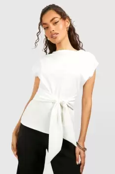 Image of Crepe Tie Waist Slash Neck Blouse