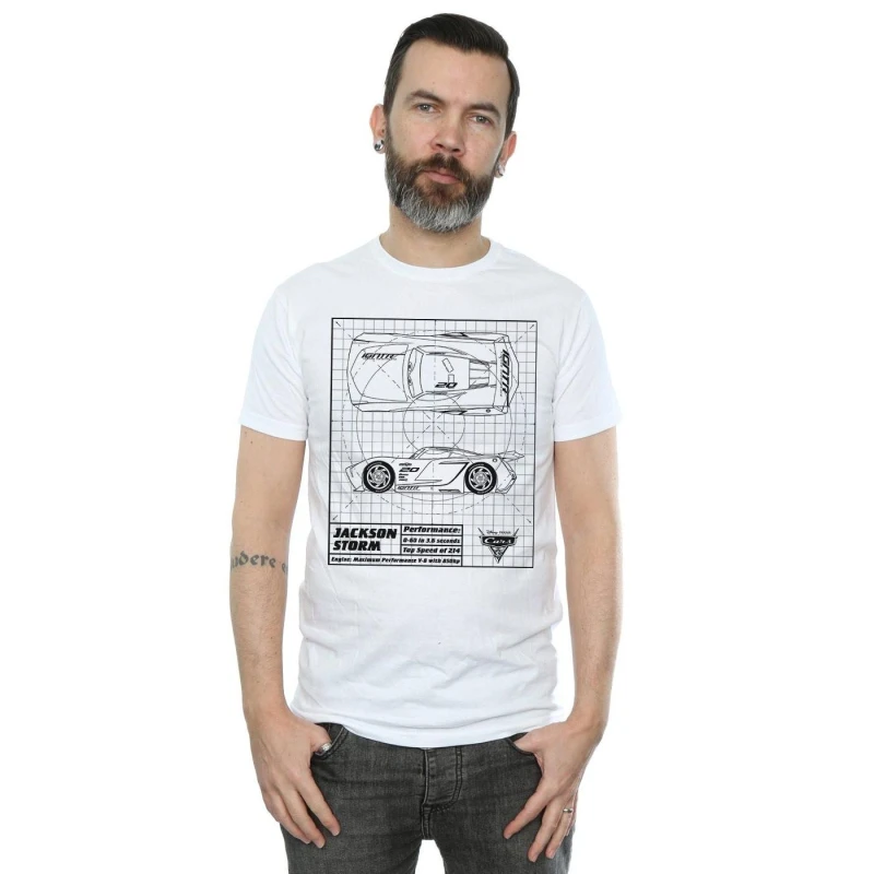 Image of Disney Men Cars Jackson Storm Blueprint T-Shirt in White Size: Small White S Male 5057245932295