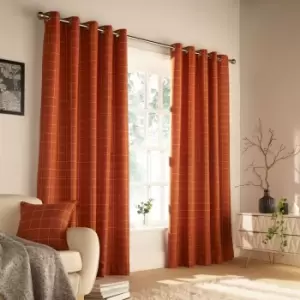 Image of Furn. Ellis Windowpane Check Ringtop Eyelet Curtains (Pair) Polyester Burnt Orange (229X183Cm)