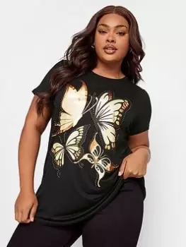 Image of Yours Embellished And Foil Glitter Printed T-Shirt, Black, Size 30-32, Women