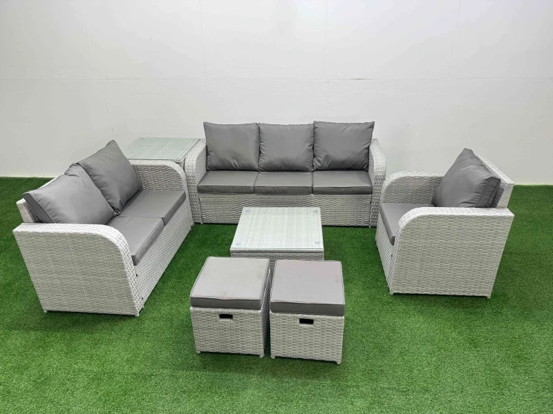 Image of Fimous Patio PE Wicker 8 Seater Outdoor Rattan Furniture Sofa Sets with Square Coffee Table Reclining Chair Loveseat Sofa 3 Seater Sofa Stool Side Tab