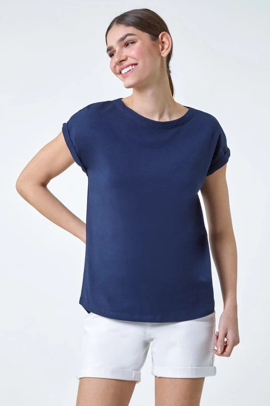 Image of Roman Womens Plain Stretch Cotton Jersey T-Shirt in Navy Size: 10 Navy Female 10