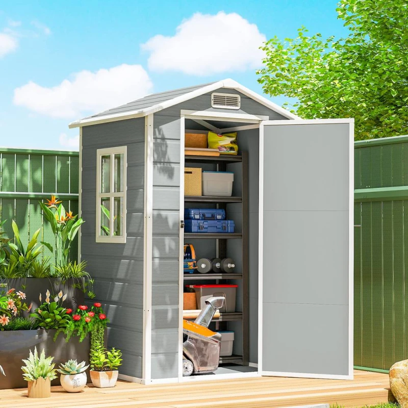 Image of OUTSUNNY 4 x 3ft Plastic Garden Shed, Storage Shed with Window Vent in Light Grey Light Grey Unisex
