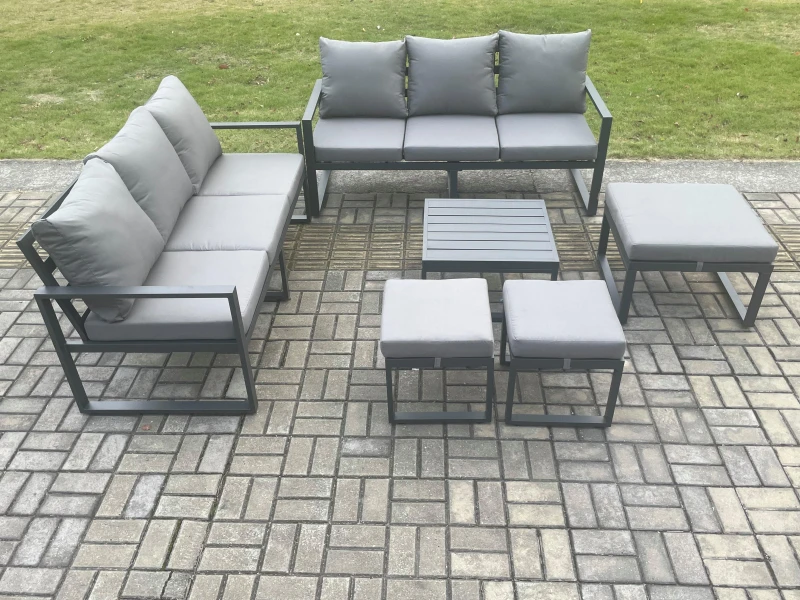 Image of Fimous Aluminium 9 Seater Outdoor Garden Furniture Lounge Sofa Set with Square Coffee Table 3 Footstools Dark Grey Dark Grey Unisex