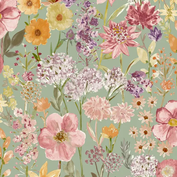 Image of Grandeco Spring Wild Flowers Trail Smooth Wallpaper - Sage Green Green