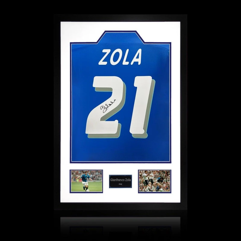 Image of The Fan Cave Gianfranco Zola Signed Italy Shirt Premium Frame Blue unisex 850mm x 60