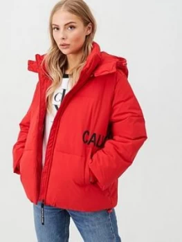 Image of Calvin Klein Jeans Oversized Logo Padded Jacket - Red Size M Women