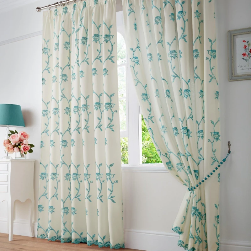 Image of Alan Symonds Exeter Embroidered Floral Trail Pencil Pleat Taped Teal unisex 148x183cm