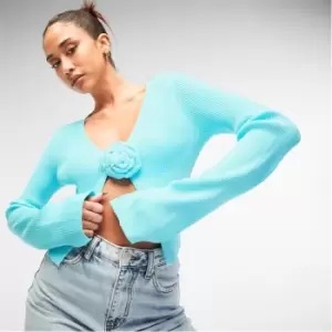 Image of Missguided Rib Rosette Detail Flare Sleeve Knit Cardigan - Blue