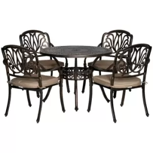 Image of Outsunny 4 Seater Outdoor Dining Set With Cushions Parasol Hole Cast Aluminium - Brown