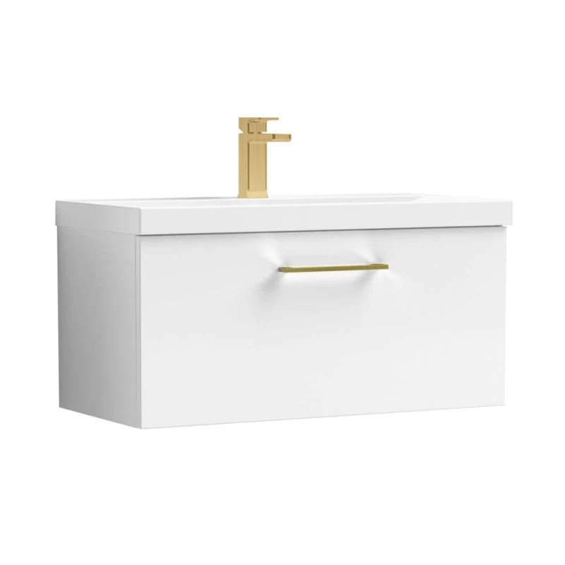 Image of Balterley 800mm Wall Hung 1 Drawer Vanity Basin Unit, Gloss White, Brass Handle in White White Unisex