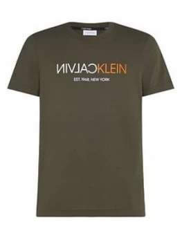 Image of Calvin Klein Text Reverse Logo T-Shirt - Dark Olive