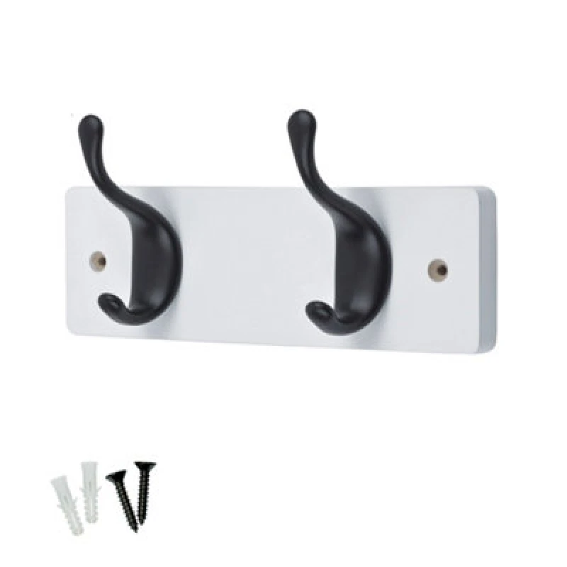 Image of Keypak 2 Matte Black Coat Hooks On White Wooden Board - 22.5Cm Modern Wall Mounted Coat Rack