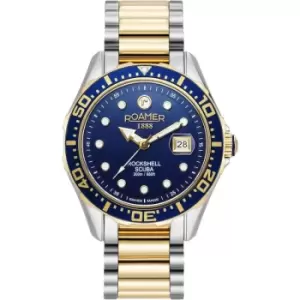 Image of Mens Roamer Stainless Steel Rockshell Scuba Rockshell Mark III Scuba Blue Dial Yellow Gold Bicolour Bracelet