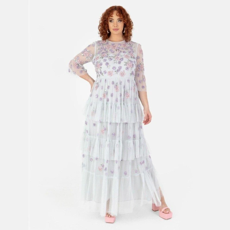 Image of Maya Deluxe Maya Embellished Ruffle Maxi Dress Glacier Grey female 6 (2XS)