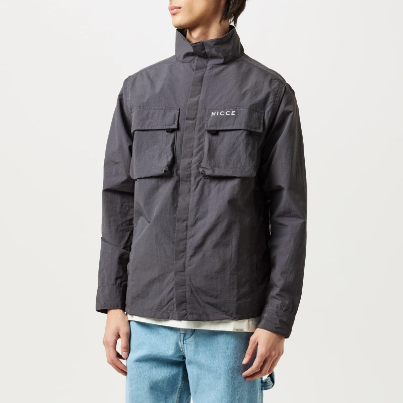 Image of Nicce Mens Statlo Long Sleeve Stand Collar Overshirt Coal male S