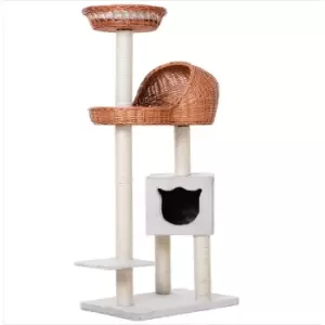 Image of Pawhut - 1.3m Cat Tree for Indoor Cats Condo Tower Scratching Post Climber Hooded Rattan Wicker cat cave