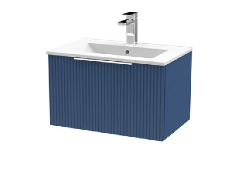 Image of HUDSON REED Hudson Reed - Fluted Wall Hung 1-Drawer Vanity Unit with Basin 2 600mm Wide - Satin Blue DFF394B