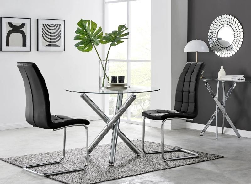 Image of FurnitureboxUK FurnitureboxUK Selina Round Glass Chrome Leg Dining Table and Murano Chairs in Black Size: 4 Person Black 4 Person Unisex 50565426563