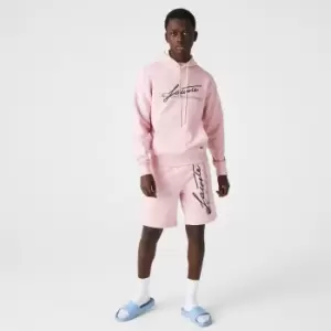 Image of Lacoste Mens Signature Hooded Flecked Cotton Fleece Hoodie Size 4 - M Pink