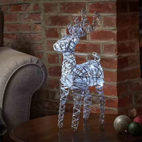 Image of 53cm Battery Operated White Rattan Woven Christmas Reindeer with White LEDs